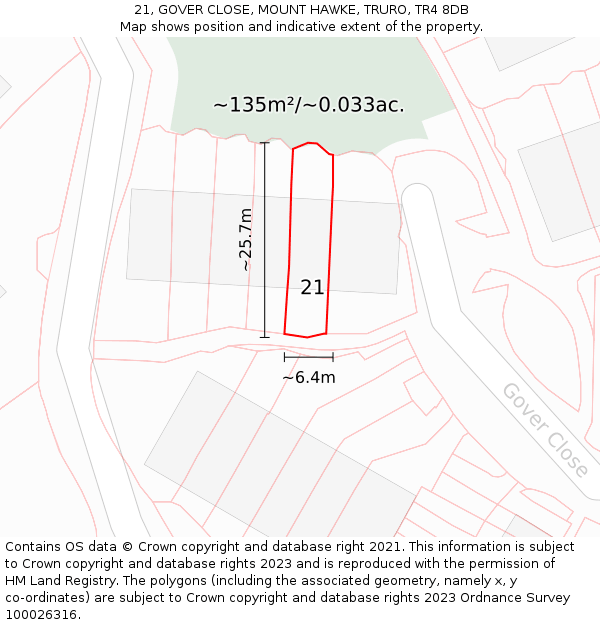 21, GOVER CLOSE, MOUNT HAWKE, TRURO, TR4 8DB: Plot and title map