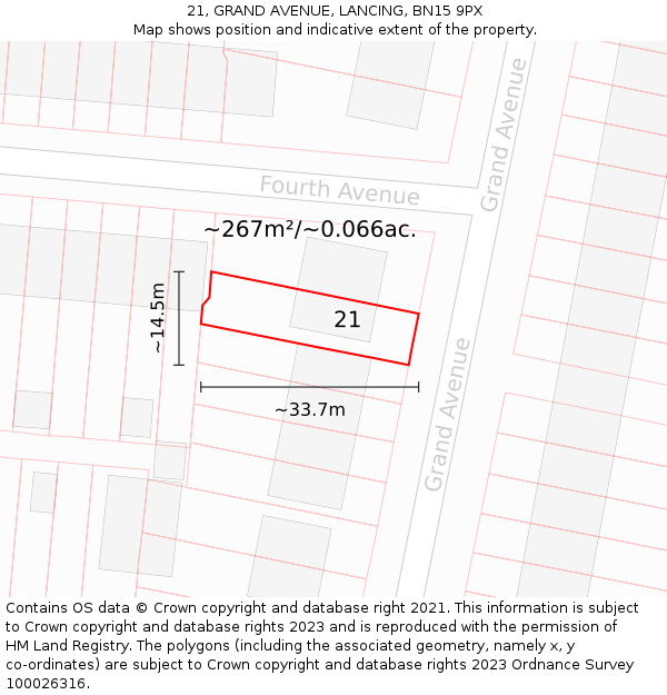 21, GRAND AVENUE, LANCING, BN15 9PX: Plot and title map