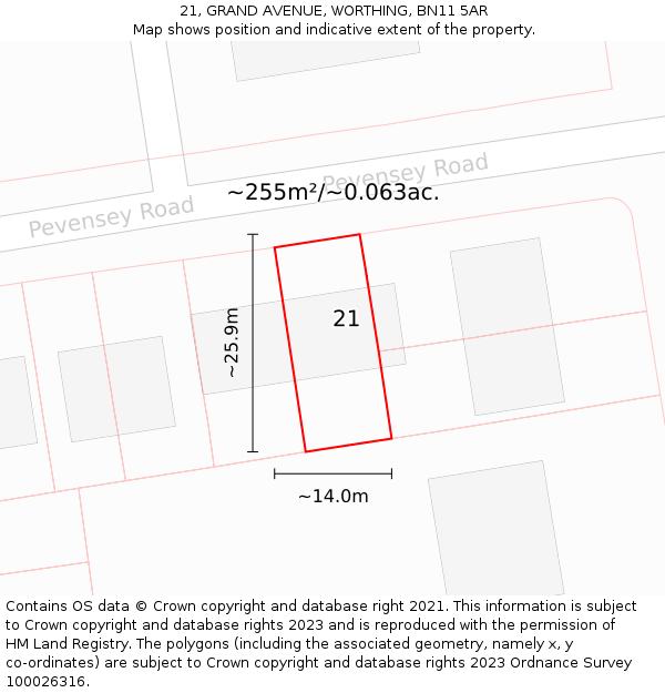 21, GRAND AVENUE, WORTHING, BN11 5AR: Plot and title map