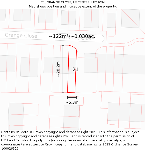 21, GRANGE CLOSE, LEICESTER, LE2 9GN: Plot and title map