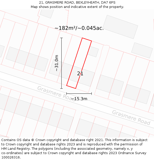 21, GRASMERE ROAD, BEXLEYHEATH, DA7 6PS: Plot and title map