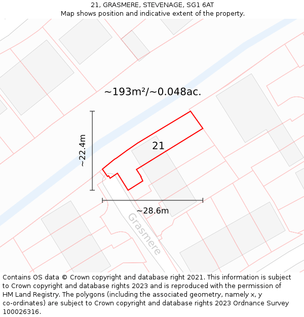 21, GRASMERE, STEVENAGE, SG1 6AT: Plot and title map