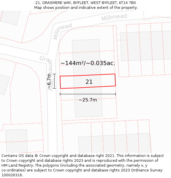 21, GRASMERE WAY, BYFLEET, WEST BYFLEET, KT14 7BX: Plot and title map