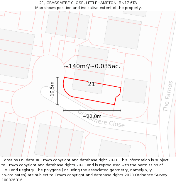 21, GRASSMERE CLOSE, LITTLEHAMPTON, BN17 6TA: Plot and title map