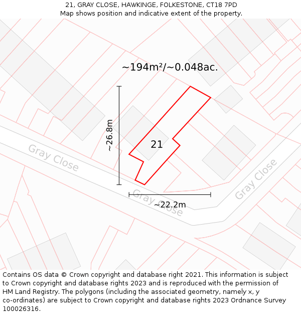 21, GRAY CLOSE, HAWKINGE, FOLKESTONE, CT18 7PD: Plot and title map