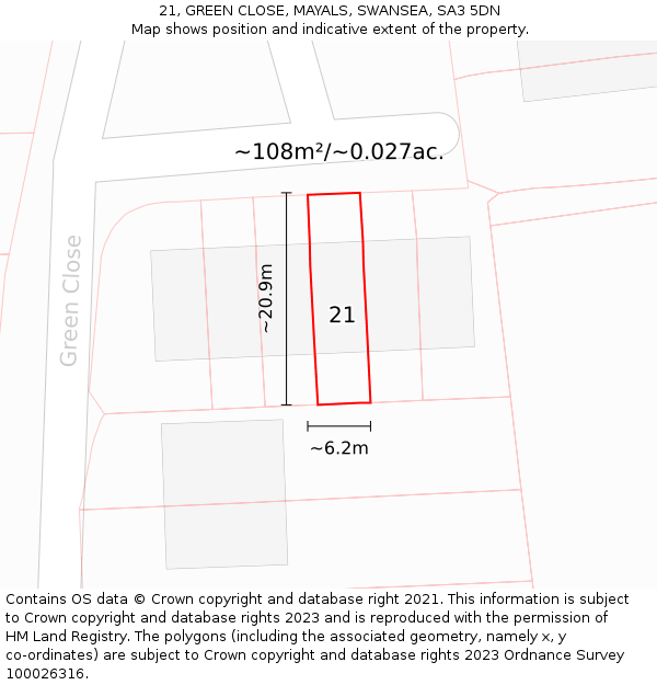 21, GREEN CLOSE, MAYALS, SWANSEA, SA3 5DN: Plot and title map