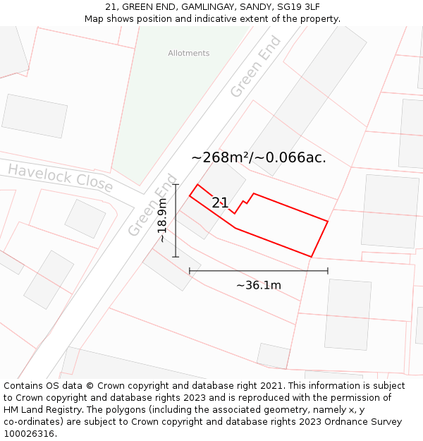21, GREEN END, GAMLINGAY, SANDY, SG19 3LF: Plot and title map