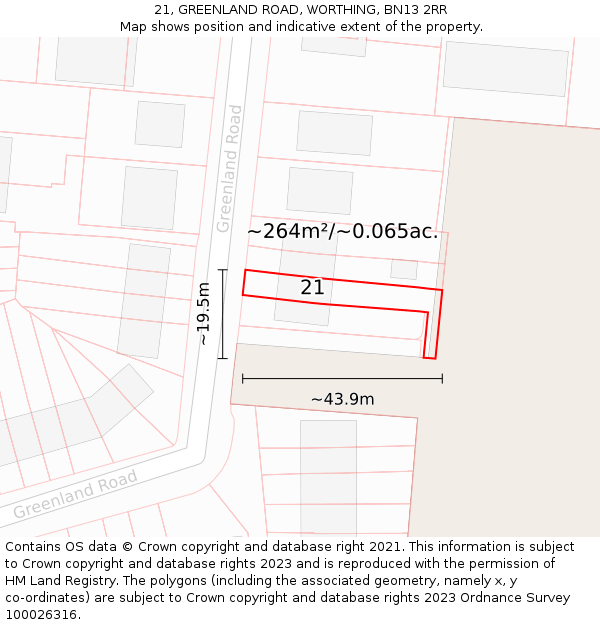 21, GREENLAND ROAD, WORTHING, BN13 2RR: Plot and title map