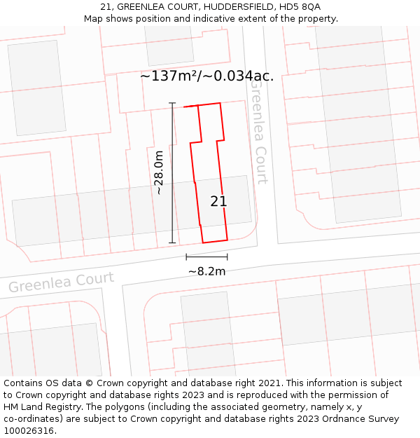 21, GREENLEA COURT, HUDDERSFIELD, HD5 8QA: Plot and title map