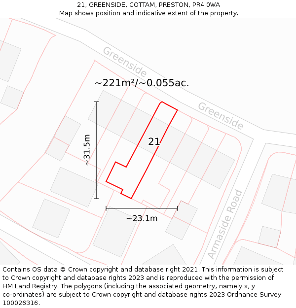 21, GREENSIDE, COTTAM, PRESTON, PR4 0WA: Plot and title map