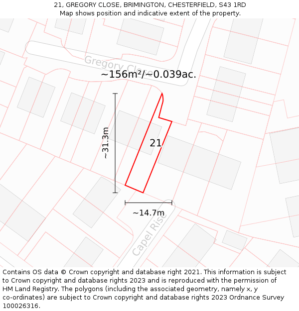 21, GREGORY CLOSE, BRIMINGTON, CHESTERFIELD, S43 1RD: Plot and title map