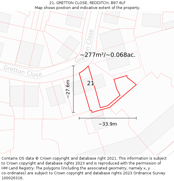 21, GRETTON CLOSE, REDDITCH, B97 6LF: Plot and title map