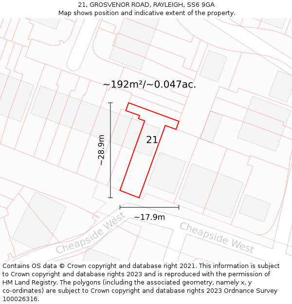 21, GROSVENOR ROAD, RAYLEIGH, SS6 9GA: Plot and title map