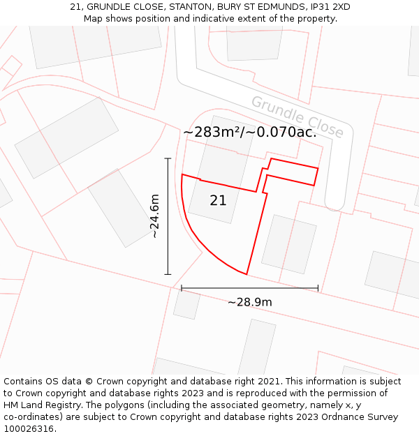 21, GRUNDLE CLOSE, STANTON, BURY ST EDMUNDS, IP31 2XD: Plot and title map