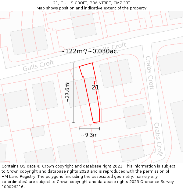 21, GULLS CROFT, BRAINTREE, CM7 3RT: Plot and title map
