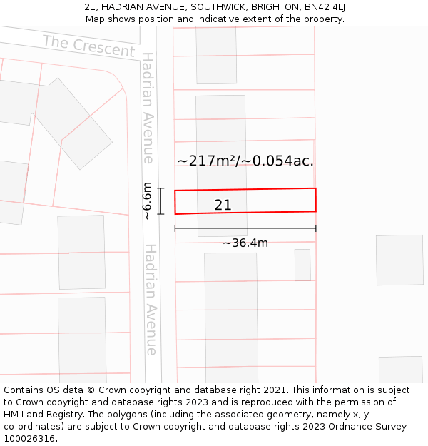 21, HADRIAN AVENUE, SOUTHWICK, BRIGHTON, BN42 4LJ: Plot and title map