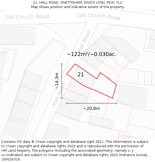 21, HALL ROAD, SNETTISHAM, KING'S LYNN, PE31 7LU: Plot and title map
