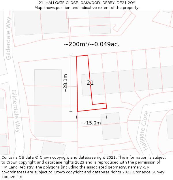 21, HALLGATE CLOSE, OAKWOOD, DERBY, DE21 2QY: Plot and title map
