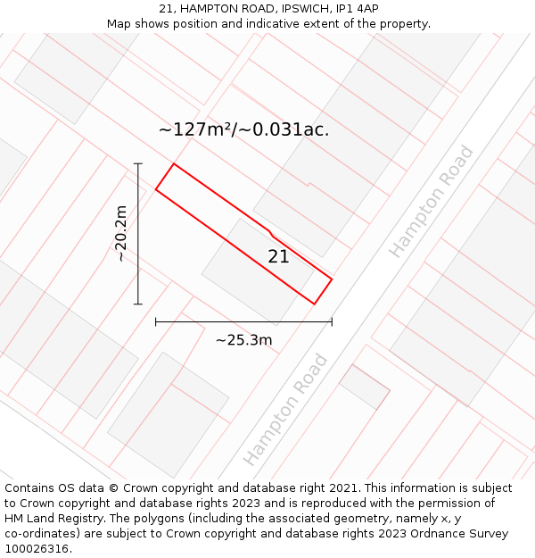 21, HAMPTON ROAD, IPSWICH, IP1 4AP: Plot and title map
