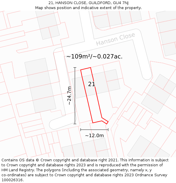 21, HANSON CLOSE, GUILDFORD, GU4 7NJ: Plot and title map