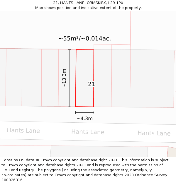 21, HANTS LANE, ORMSKIRK, L39 1PX: Plot and title map