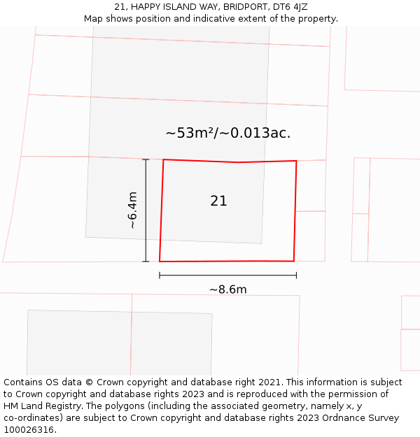 21, HAPPY ISLAND WAY, BRIDPORT, DT6 4JZ: Plot and title map