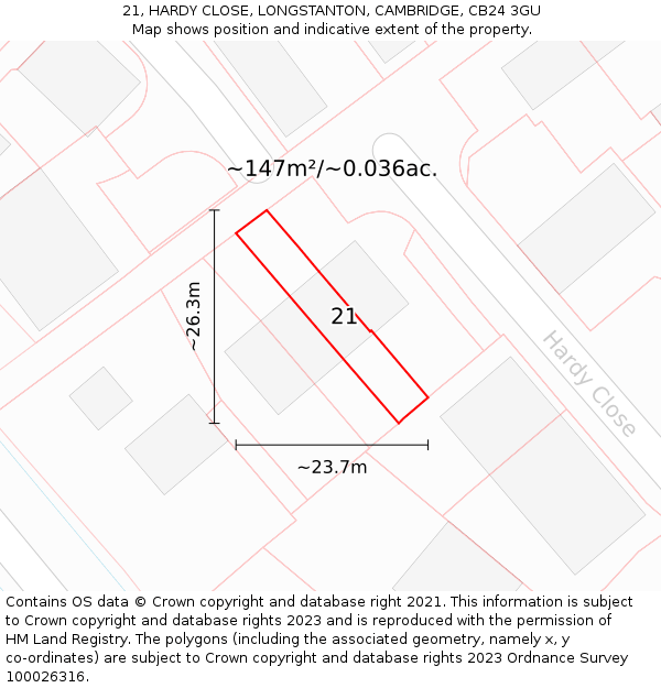 21, HARDY CLOSE, LONGSTANTON, CAMBRIDGE, CB24 3GU: Plot and title map