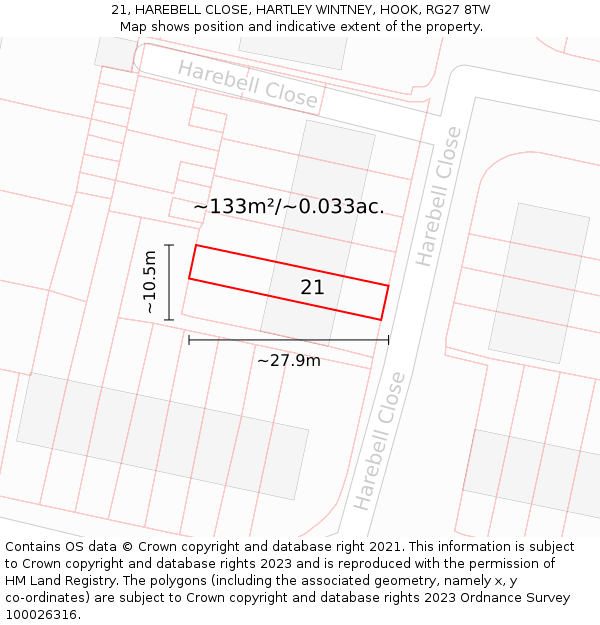 21, HAREBELL CLOSE, HARTLEY WINTNEY, HOOK, RG27 8TW: Plot and title map