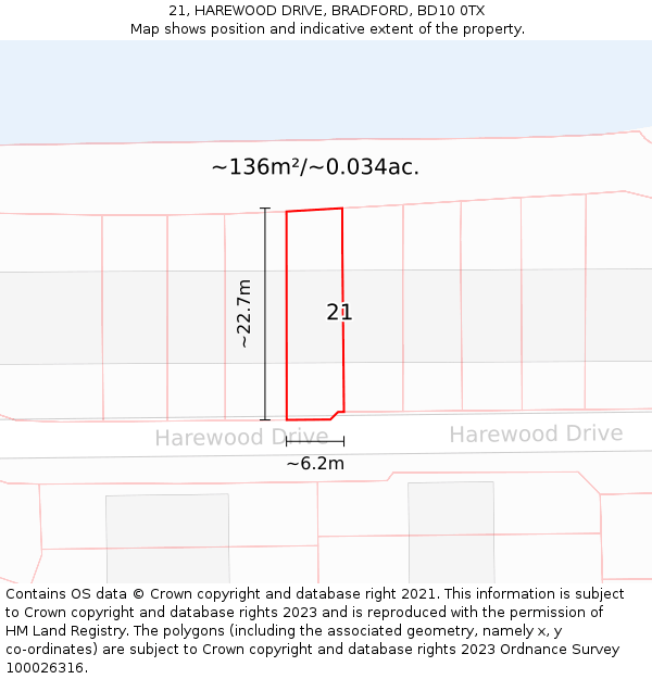 21, HAREWOOD DRIVE, BRADFORD, BD10 0TX: Plot and title map