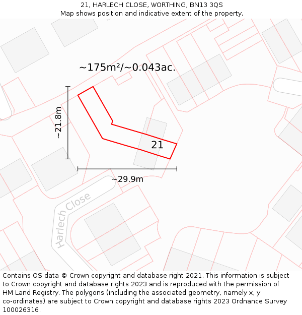 21, HARLECH CLOSE, WORTHING, BN13 3QS: Plot and title map