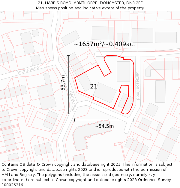 21, HARRIS ROAD, ARMTHORPE, DONCASTER, DN3 2FE: Plot and title map