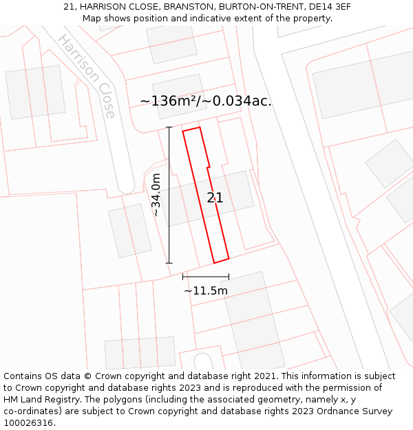 21, HARRISON CLOSE, BRANSTON, BURTON-ON-TRENT, DE14 3EF: Plot and title map