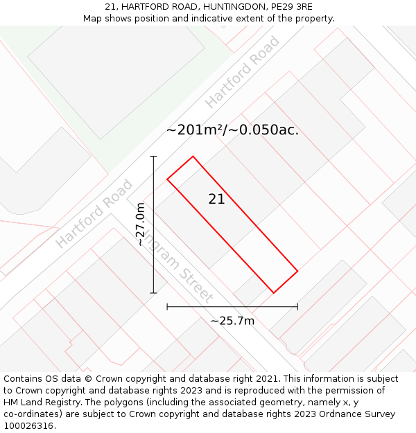 21, HARTFORD ROAD, HUNTINGDON, PE29 3RE: Plot and title map