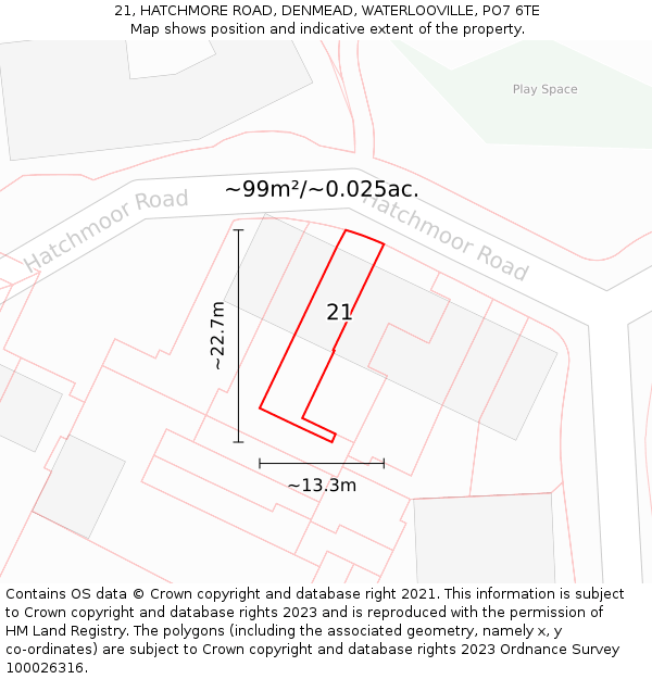 21, HATCHMORE ROAD, DENMEAD, WATERLOOVILLE, PO7 6TE: Plot and title map