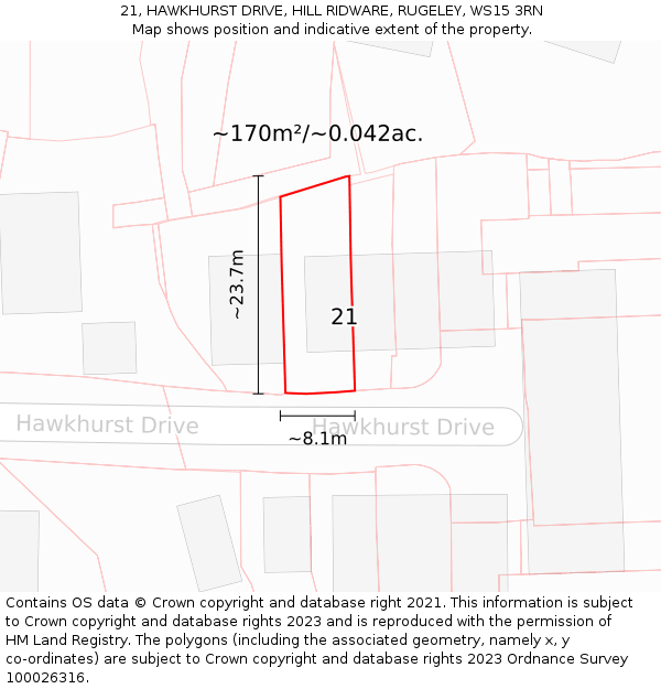 21, HAWKHURST DRIVE, HILL RIDWARE, RUGELEY, WS15 3RN: Plot and title map