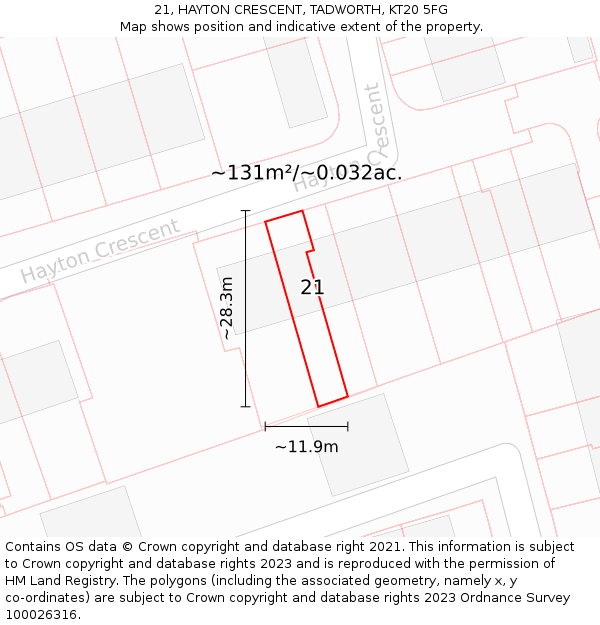 21, HAYTON CRESCENT, TADWORTH, KT20 5FG: Plot and title map