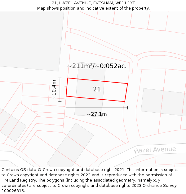 21, HAZEL AVENUE, EVESHAM, WR11 1XT: Plot and title map