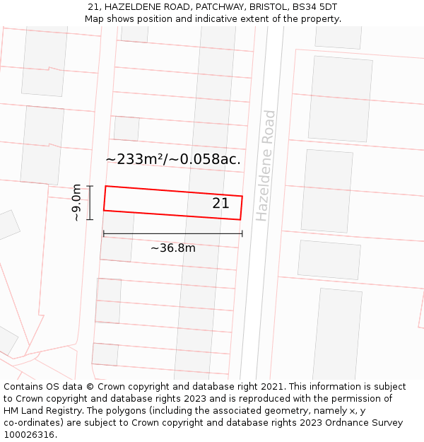 21, HAZELDENE ROAD, PATCHWAY, BRISTOL, BS34 5DT: Plot and title map