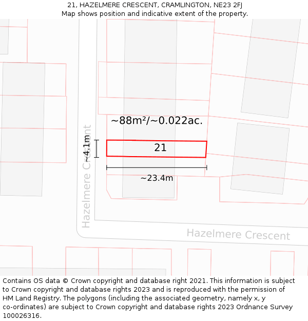 21, HAZELMERE CRESCENT, CRAMLINGTON, NE23 2FJ: Plot and title map