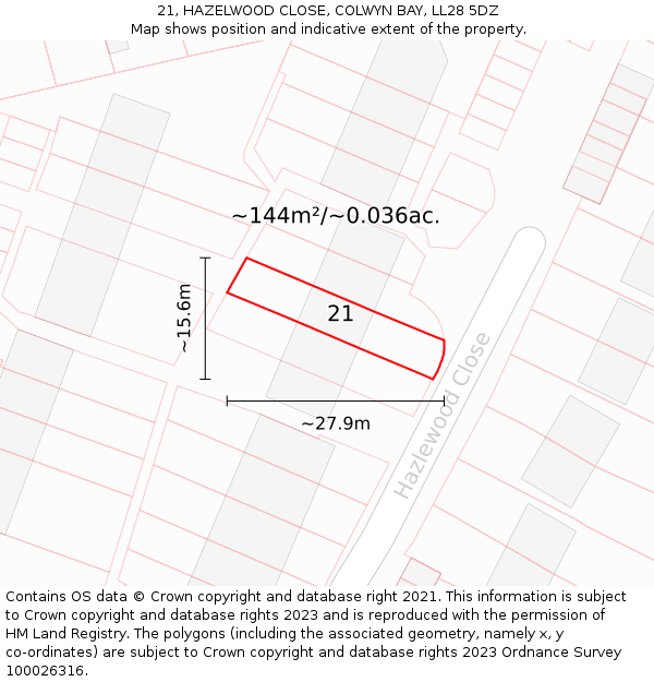 21, HAZELWOOD CLOSE, COLWYN BAY, LL28 5DZ: Plot and title map