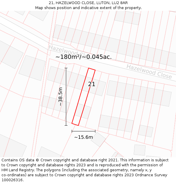 21, HAZELWOOD CLOSE, LUTON, LU2 8AR: Plot and title map