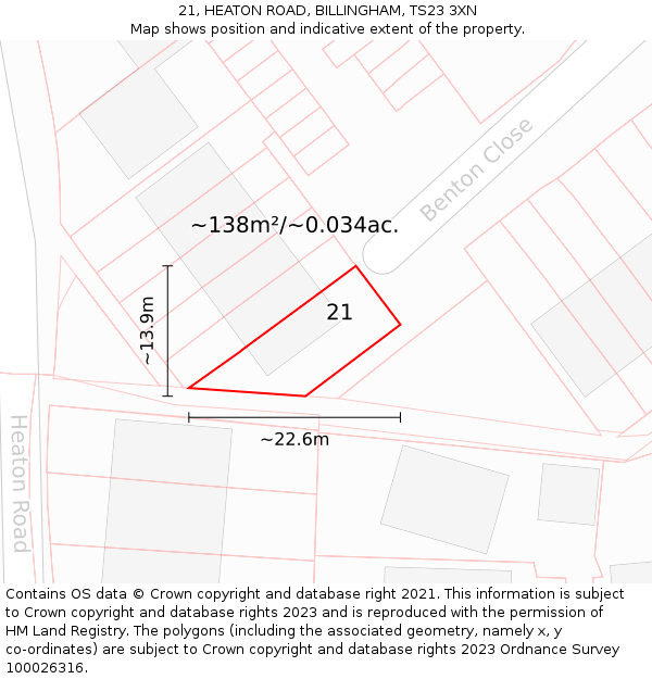 21, HEATON ROAD, BILLINGHAM, TS23 3XN: Plot and title map