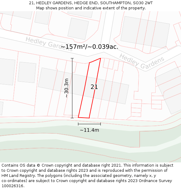 21, HEDLEY GARDENS, HEDGE END, SOUTHAMPTON, SO30 2WT: Plot and title map