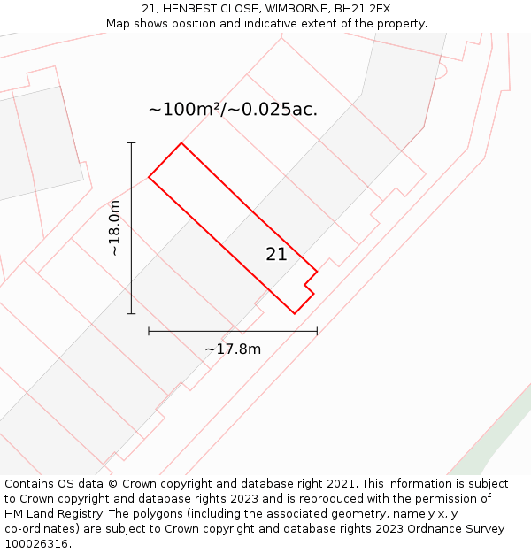 21, HENBEST CLOSE, WIMBORNE, BH21 2EX: Plot and title map