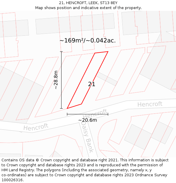 21, HENCROFT, LEEK, ST13 8EY: Plot and title map