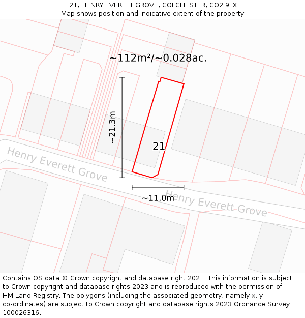 21, HENRY EVERETT GROVE, COLCHESTER, CO2 9FX: Plot and title map