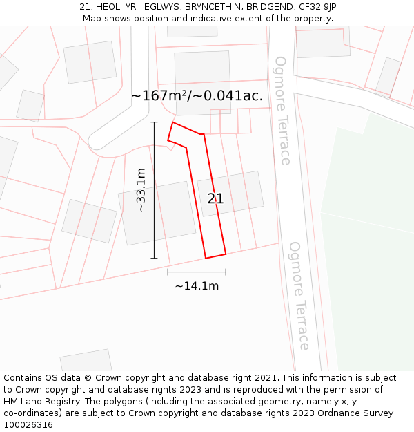 21, HEOL  YR   EGLWYS, BRYNCETHIN, BRIDGEND, CF32 9JP: Plot and title map