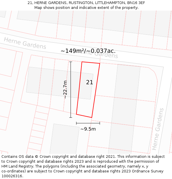 21, HERNE GARDENS, RUSTINGTON, LITTLEHAMPTON, BN16 3EF: Plot and title map