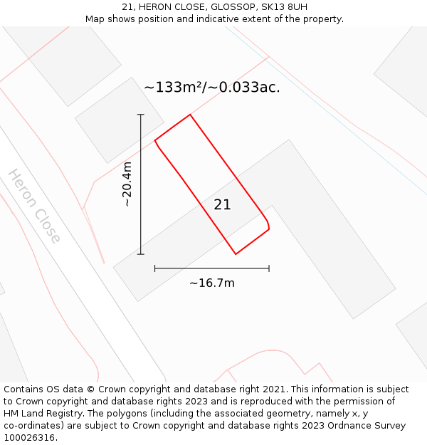 21, HERON CLOSE, GLOSSOP, SK13 8UH: Plot and title map