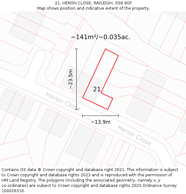 21, HERON CLOSE, RAYLEIGH, SS6 9GF: Plot and title map